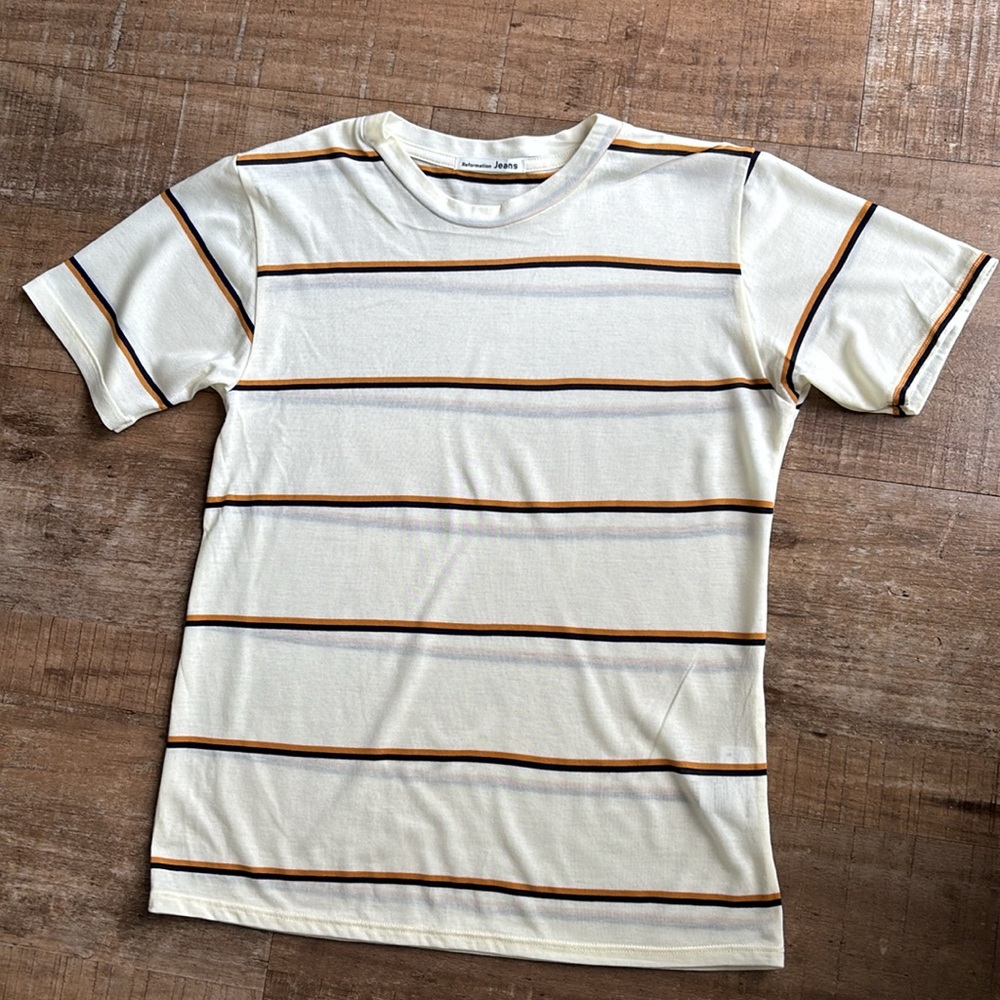 Reformation Cream Striped Short Sleeve Tee with Brown & Black Lines